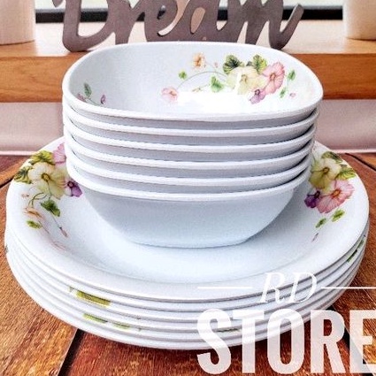 PROMO 12.PCS ISI 6.PIRING MAKAN 6.MANGKOK SAYUR BAHAN MELAMINE WARE MOTIF ROSE TEBAK DAN KUAT