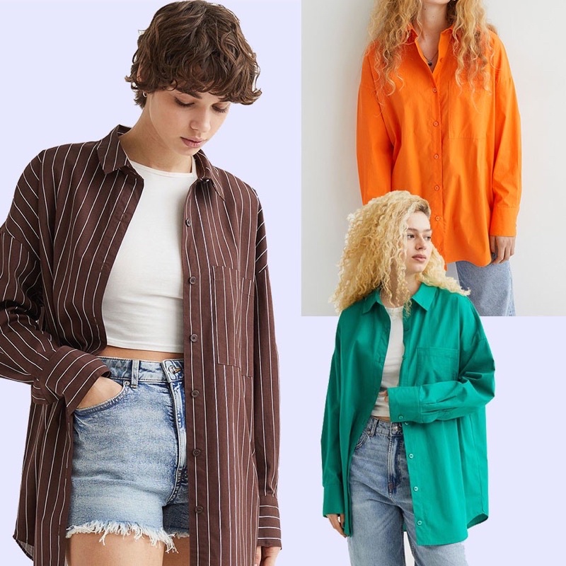 [3warna] H&M 198 Cotton Shirts - Baju Atasan Kemeja Kerja Wanita Lengan Panjang Branded Original