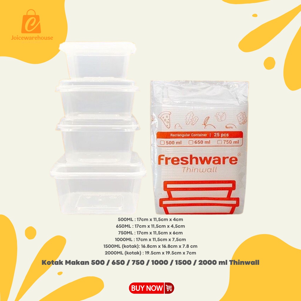 [25 PCS PER PACK] Kotak Makan 500 / 650 / 750 / 1000 / 1500 / 2000 ml Tempat Box Nasi Mangkok Plastik Thinwall/Thin Wall