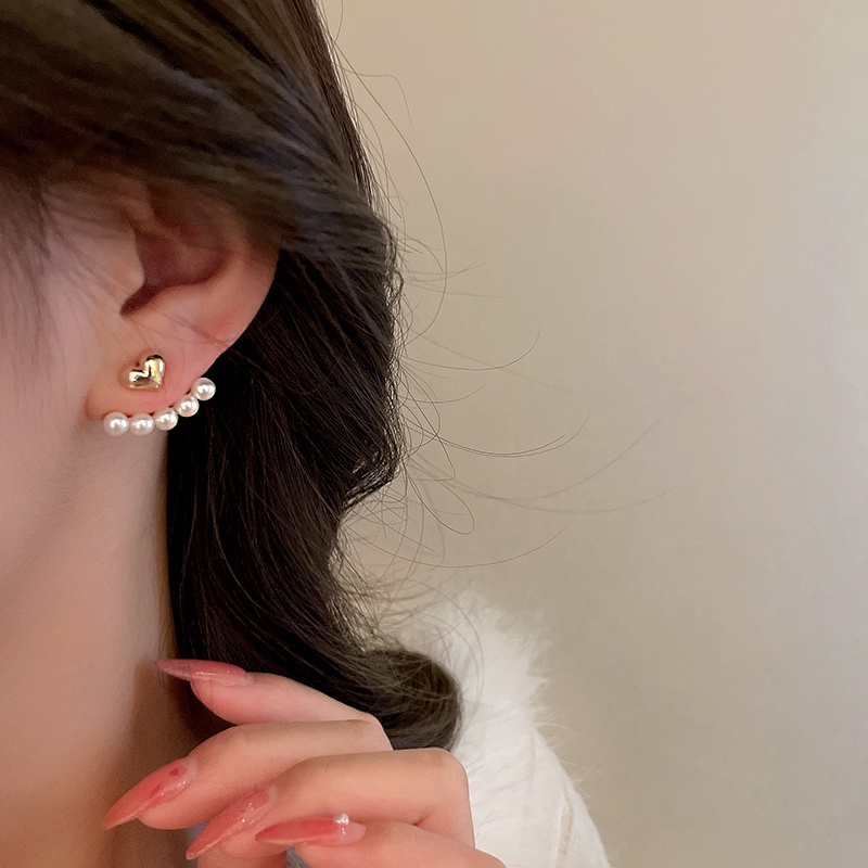 Anting Emas love Hati Desain Melengkung Mutiara Aksesoris Wanita Korea