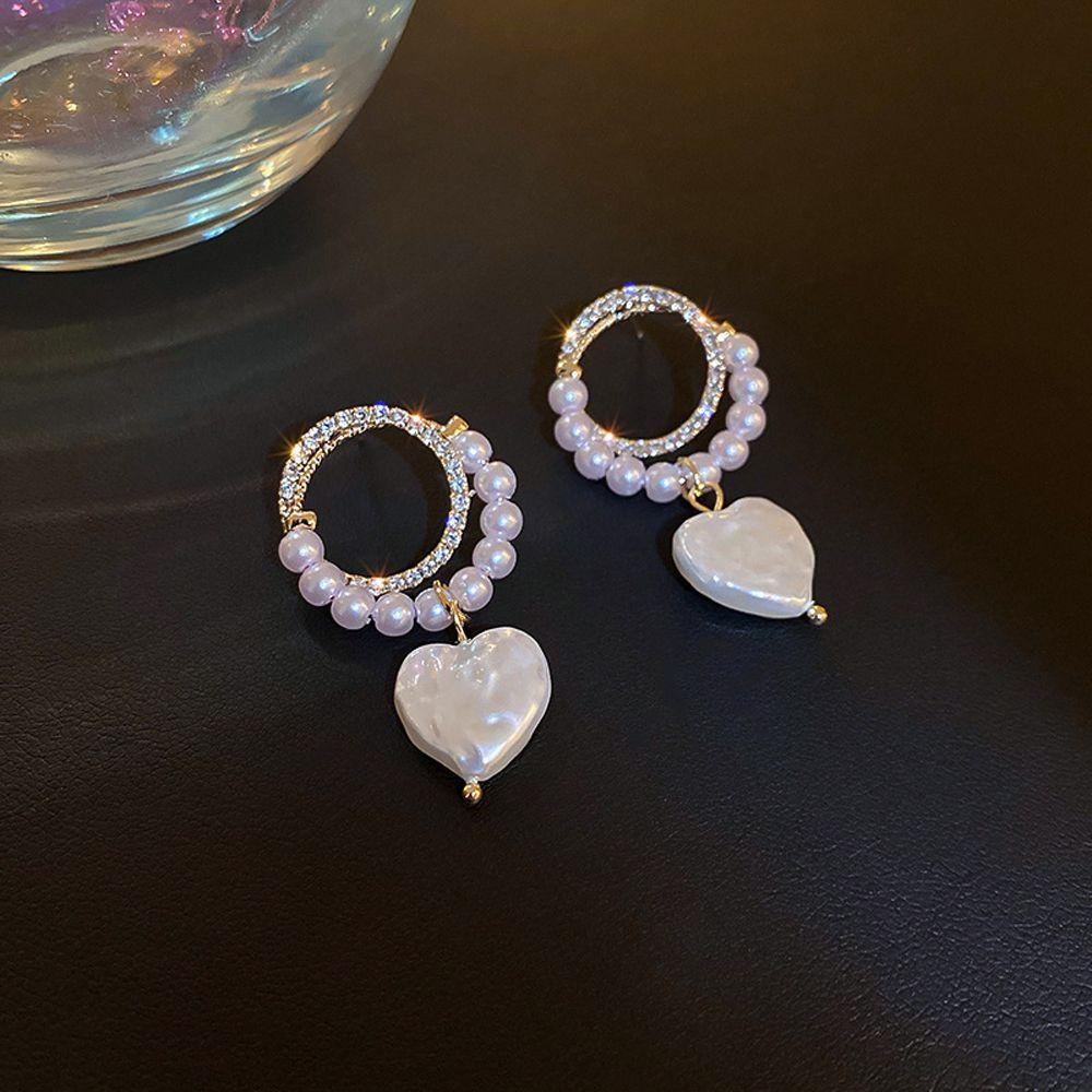 Mxbeauty Wanita Anting Hoop Geometris Temperamen Mutiara Pesta Gadis Hadiah Berlian Imitasi Cinta Liontin