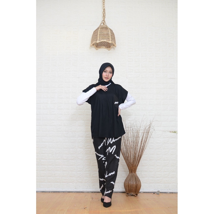 Setelan Piyama Babydoll Lengan Pendek Kekinian Baju Tidur One Set Rayon Premium Wanita Dewasa Busui-BlackWoman