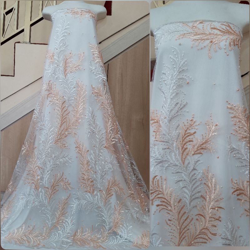 Kain Tile/Tulle Tutton Merambat Bordir, Tile akar mutiara, kain tile brokat, tile bordir, tile mutia