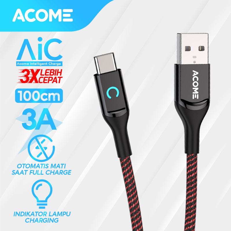 ACOME KABEL DATA TYPE-C 100CM 3A INTELLIGENT POWER-OFF GARANSI RESMI 1 TAHUN AZC-010