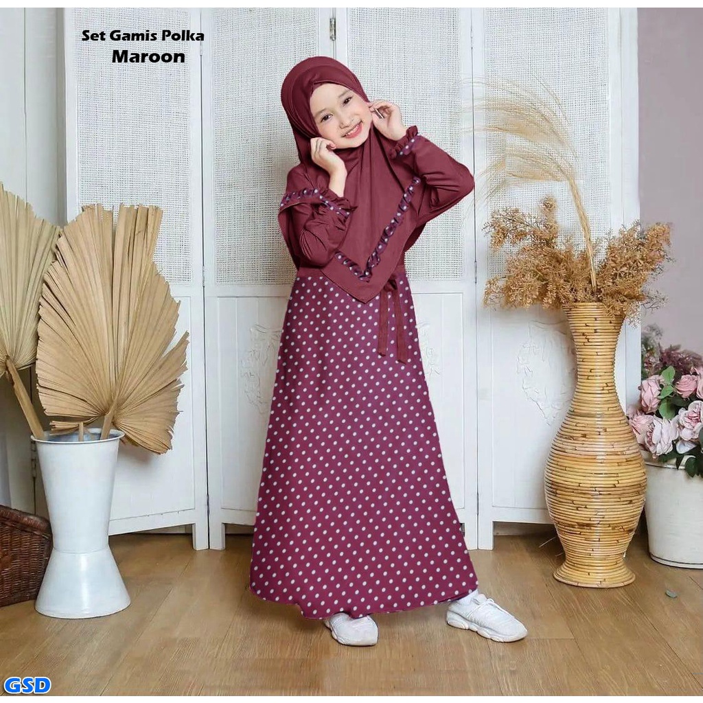 Set Gamis Polka/Gamis Muslim Anak Perempuan Polkadot Terbaru / Fashion Maxi Dress + Hijab Anak Polka