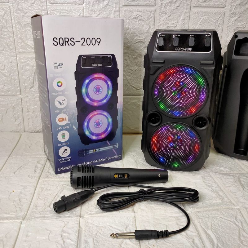 Speaker Bluetooth Karaoke SQ2009 Speaker Aktif Free Mic dual speaker Salon Aktif Portable Radio Fm Speaker Wireless Led