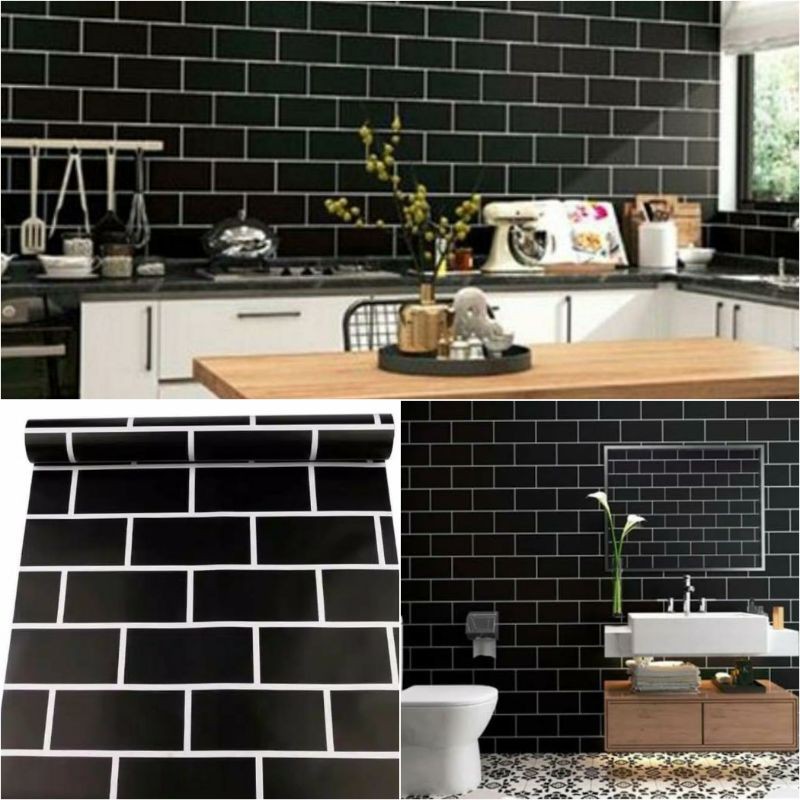 Wallpaper dinding motif bata hitam garis putih