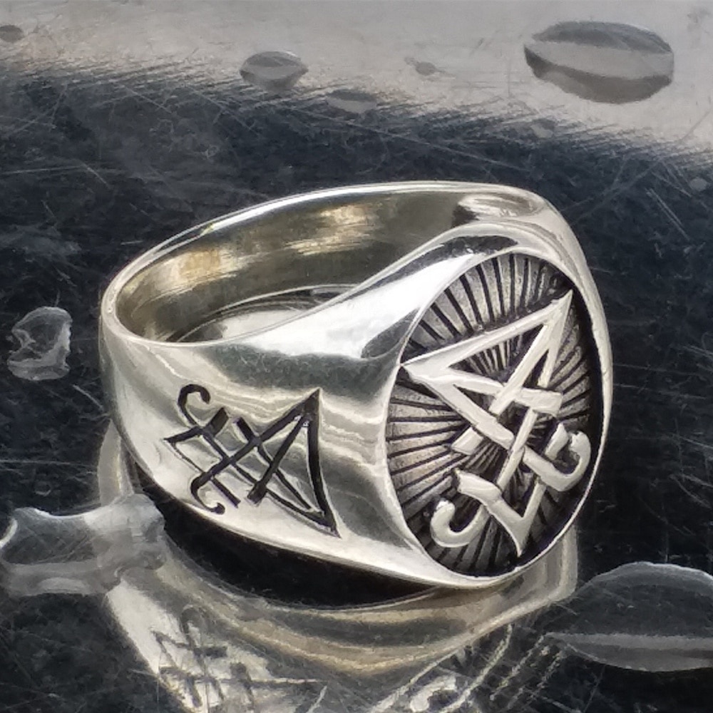 Cincin Satan Baphomet Sigil Of Lucifer Satanic Bahan Stainless Steel Warna Silver Ukuran 7-14