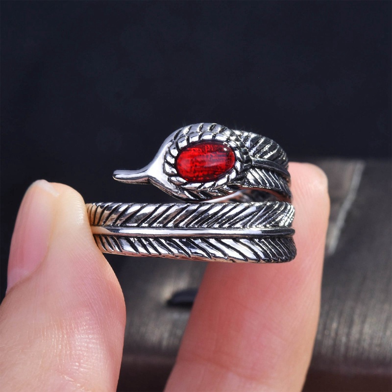 Fancyqube Fancycube Cincin Sterling Silver 925 Bentuk Bulu Aksen Ruby Handmade