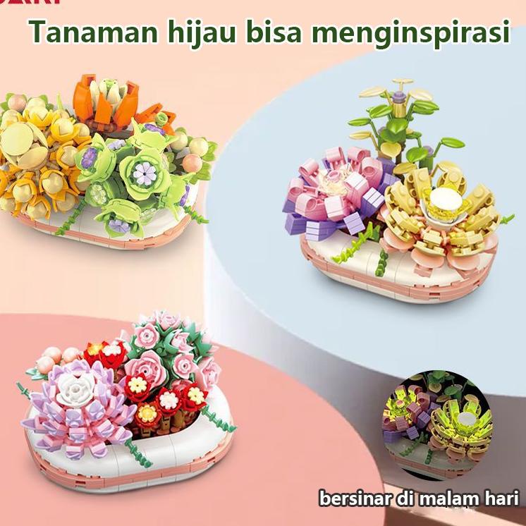 Stock Baru JAKI Mini Block Succulent Pot Tanaman Imitasi Buket Partikel Kecil Blok Bangunan Lucu Kreatif Ornamen Bangunan Mainan Hadiah