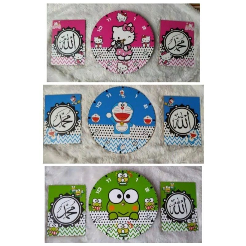 [ PROMO ] JAM DINDING SET 3in1/Karakter Hello kitty/Doraemon/Keroppy/hiasan/dekorasi kamar/dinding