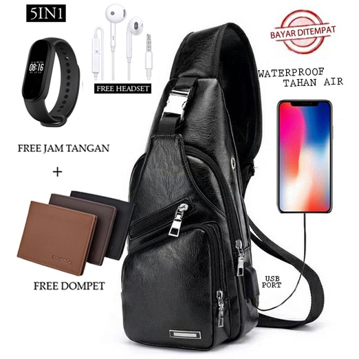 5IN1 TAS BONUS JAM &amp;DOMPET,USBPORT &amp;HEADSET -TAS SELEMPANG PRIA sling bag usb port