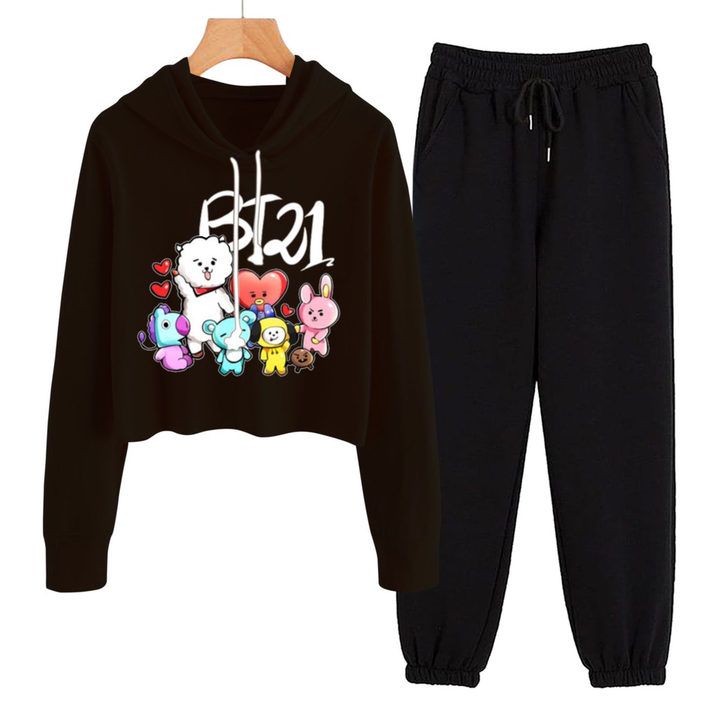 BESS - Baju Setelan Wanita Murah / Setelan Hoodie Crop + Jogger Hitam - BT BONEKA