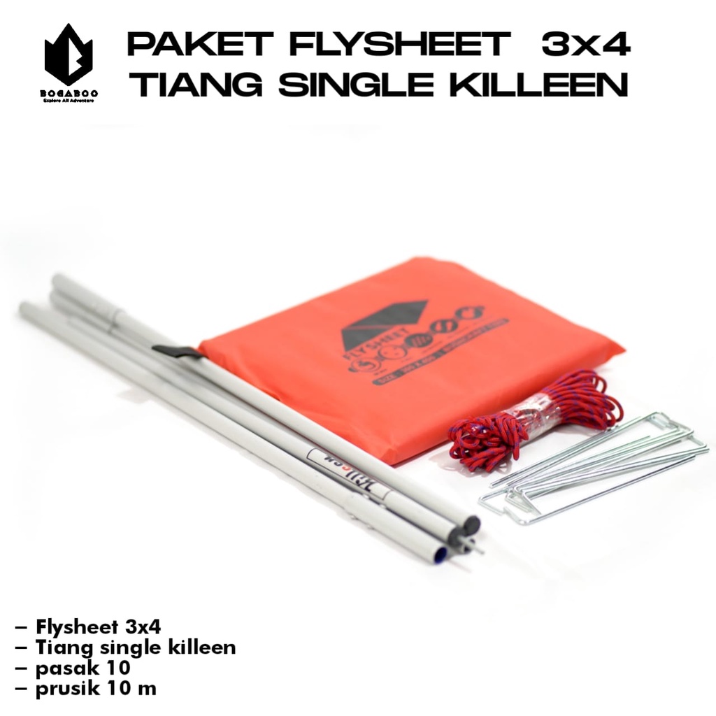 Bisa (COD) PAKET Tiang Single Killeen + Flysheet 3X4 + Tali Perusik 10 M + Pasak 10Pcs