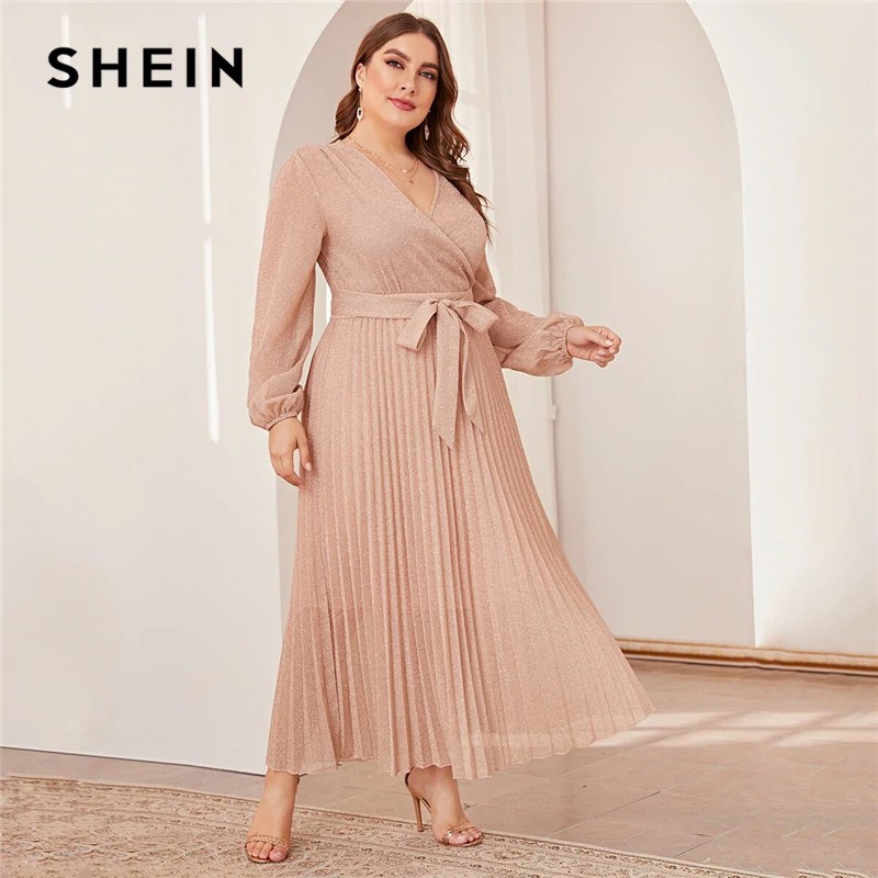 BAZAR SHEIN Plus Size Surplice Neck Lantern Sleeve Pleated Glitter Maxi Dress Women Autumn High