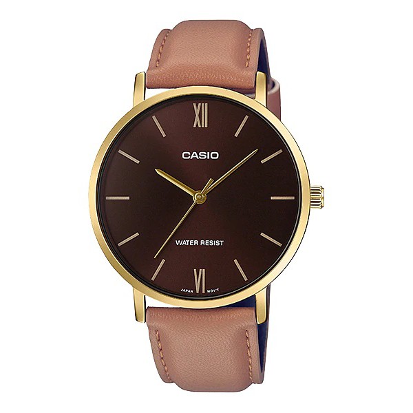 Casio Original MTP-VT01GL-1B2 2B 3B 5B Jam Tangan Kulit Pria Gold Emas