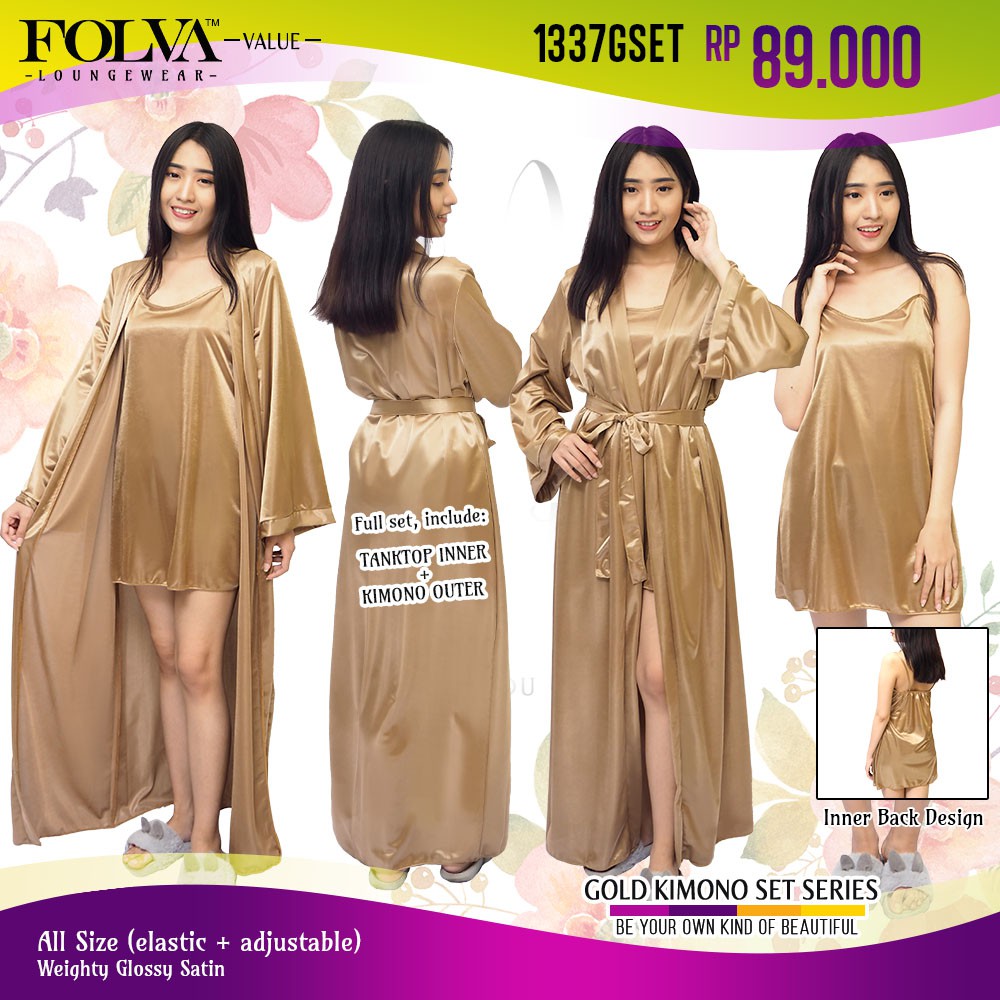  FOLVA  bridesmaid kimono  set baju tidur satin 1337GSET gold 