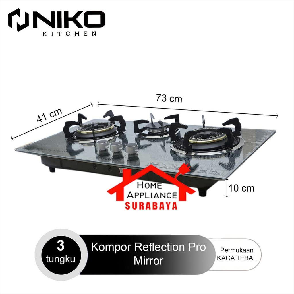 NIKO Kompor Tanam Kaca GAS LPG 3 Tungku REFLECTION PRO MIRROR