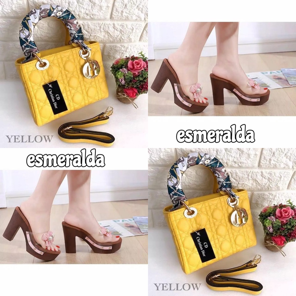 paket sandal heels dan tas selempang wanita dayana