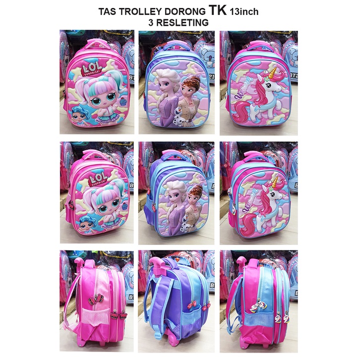 PROMO Tas Roda Dorong Trolley Anak TK Perempuan Cantik Gambar Kuda Pony dan Putri Salju Lily Glossy Timbul 3Res IMPORT ( Lily 13&quot; )