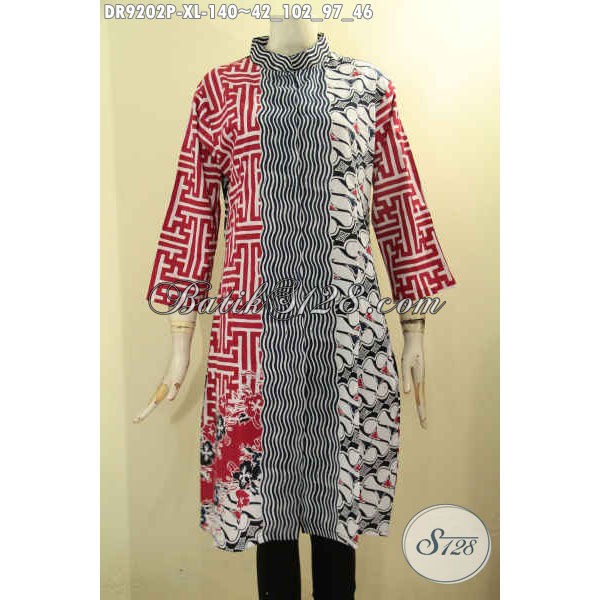 Busana Batik Dress Modern Motif Kombinasi Desain Mewah Wanita Dewasa Tampil Elegan Size Xl Dr 9202 P