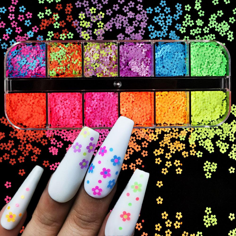 AUGUSTINA Agustina Neon Bunga Kuku Payet Gadis Kreatif Wanita Gel Polish DIY Nail Art Warna Campur Musim Semi Nail Art Irisan