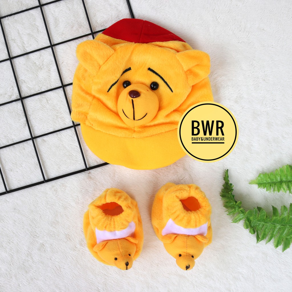 Topi Set Bulu OKIYO Character | 0-3 Bulan Topi Bayi Kaos Kaki Newborn Bulu Motif Pet - Bwr IX