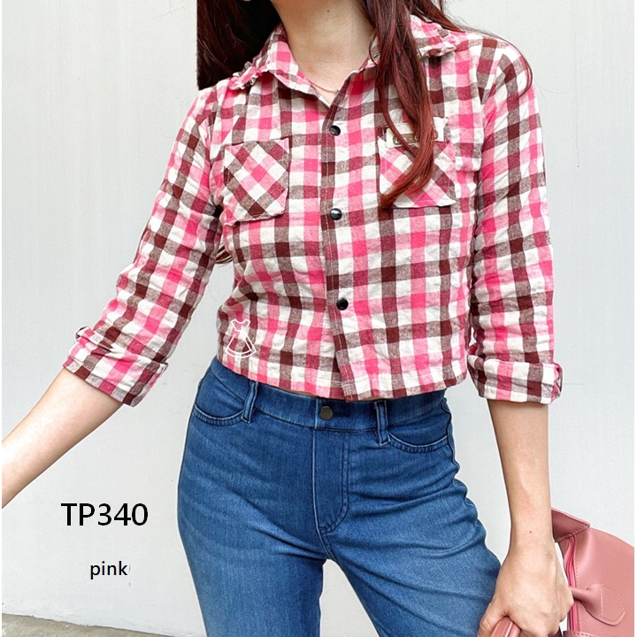 TP340 - ATASAN KEMEJA FLANEL WANITA CROP TOP KOREAN IMPORT