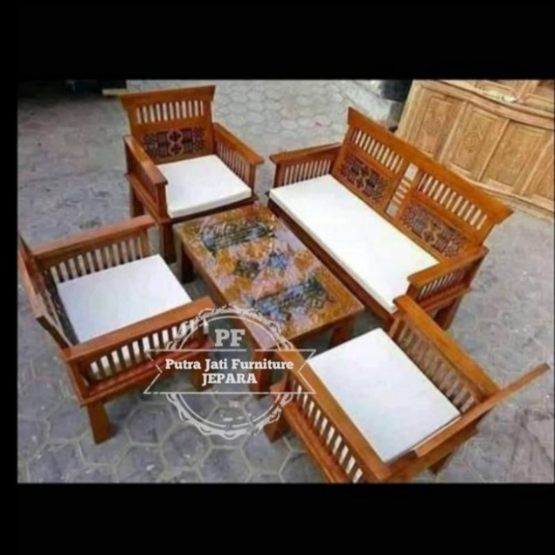 Meja kursi tamu minimalis bahan kayu jati + busa dudukan - Kursi 2111 + Meja