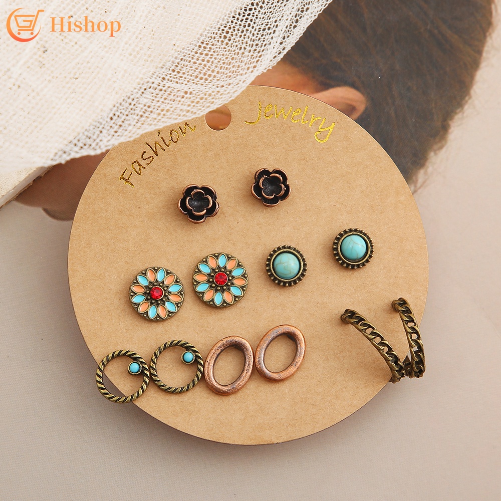 6pcs / set Anting Tusuk Vintage Bentuk Hati / Bunga Hias Turquoise Untuk Wanita