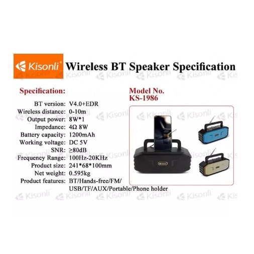 KISONLI KS 1986 SPEAKER + RADIO WIRELESS BLUETOOTH SUPPORT TF CARD USB FLASHDISK HANDSFREE BATERAI