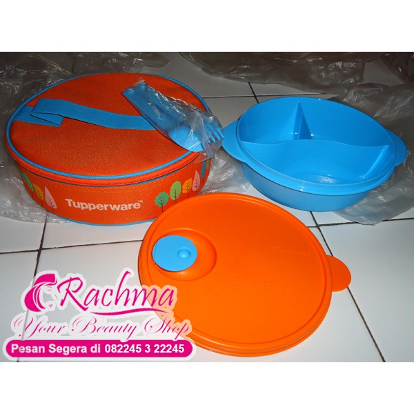 DISKON SALE  TUPPERWARE FANCY CRYSTALWAVE BOWL WITCH CUTLERY SET DAN TAS BEKAL TAS CWL ORANGE BIRU M