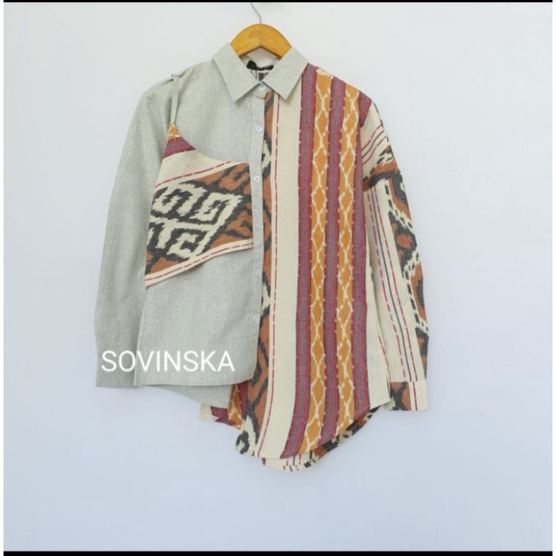 Atasan Tenun Kombinasi WP 1 Baju Kerja Wanita Blus Blouse Lengan Panjang Motif Batik Original by Sov