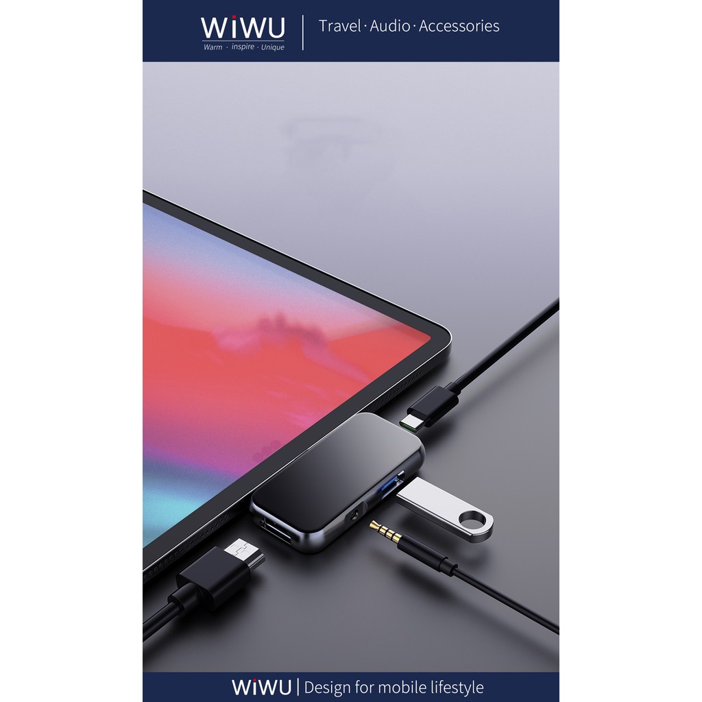AKN88 - WIWU ALPHA T5 PRO - 4 in 1 USB-C Hub - USB 3.0 - HDMI - 3.5MM - USB-C