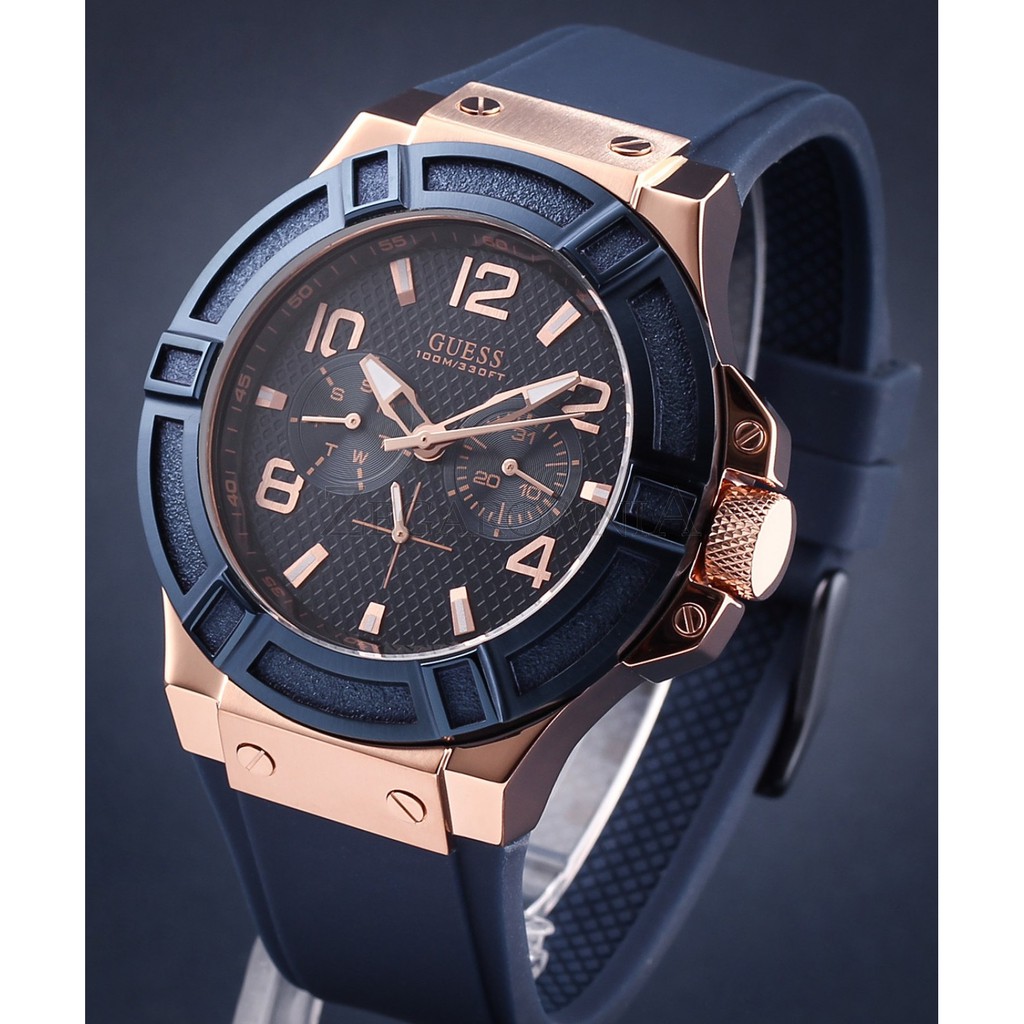 Jam Tangan Pria GUESS Watches Sporty Rigor W0247G3 Rosegold Blue Rubber