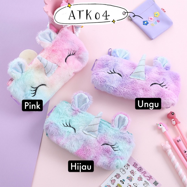 Tempat pen Bulu Fur Unicorn ATK04 Pom ATK05 kotak pensil case