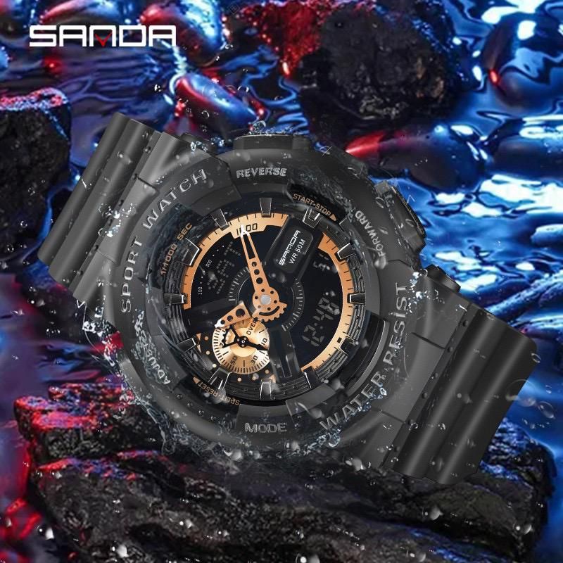 Jam Tangan SANDA 3110 Jam Tangan Pria Digital Analog Dual Time Tali Rubber Shockproof Anti Air