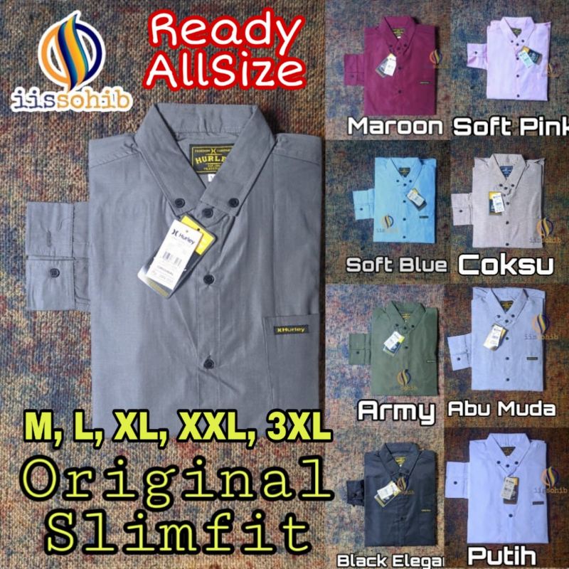 kemeja cowok polos lengan panjang slimfit hem pria kantor hitam navy putih maron army