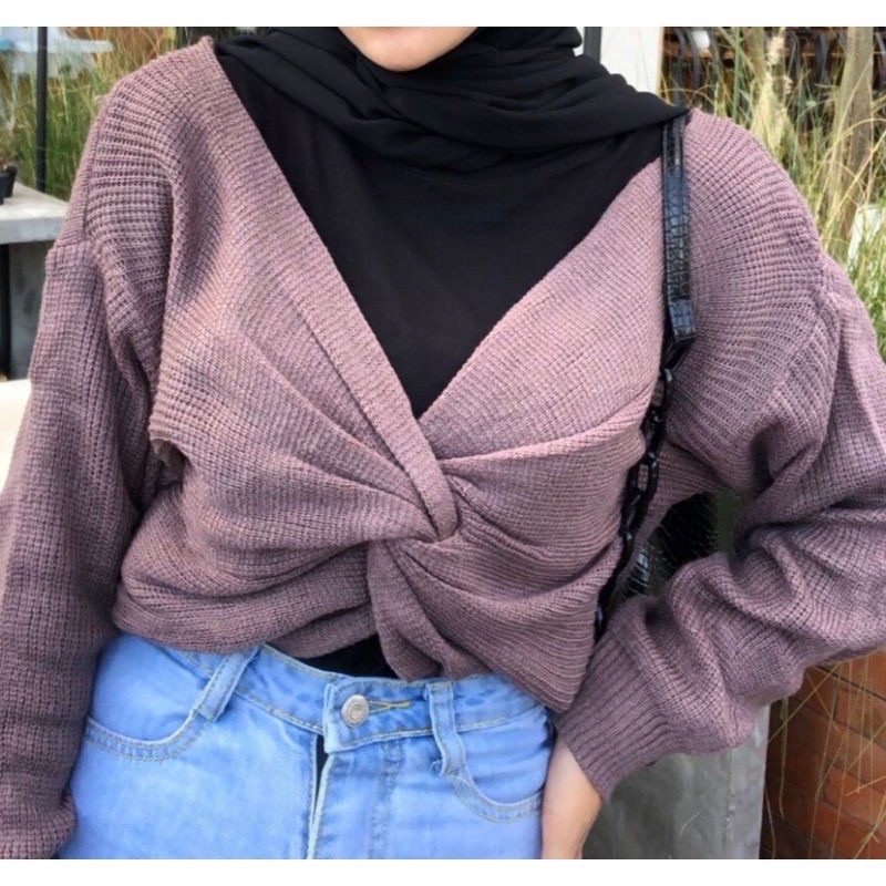 Baju Atasan Crop rajut moluna / baju atasan wanita terbaru lengan panjang cewek kekinian perempuan