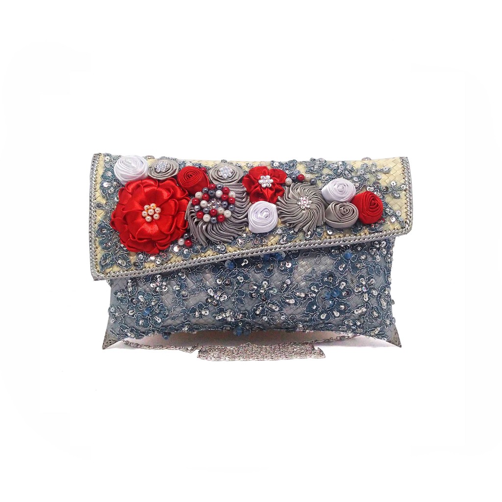 Putra Sukapura Clutch Pesta Anyaman Pandan Eksklusif Silver Red Full Brokat Dompet Wanita