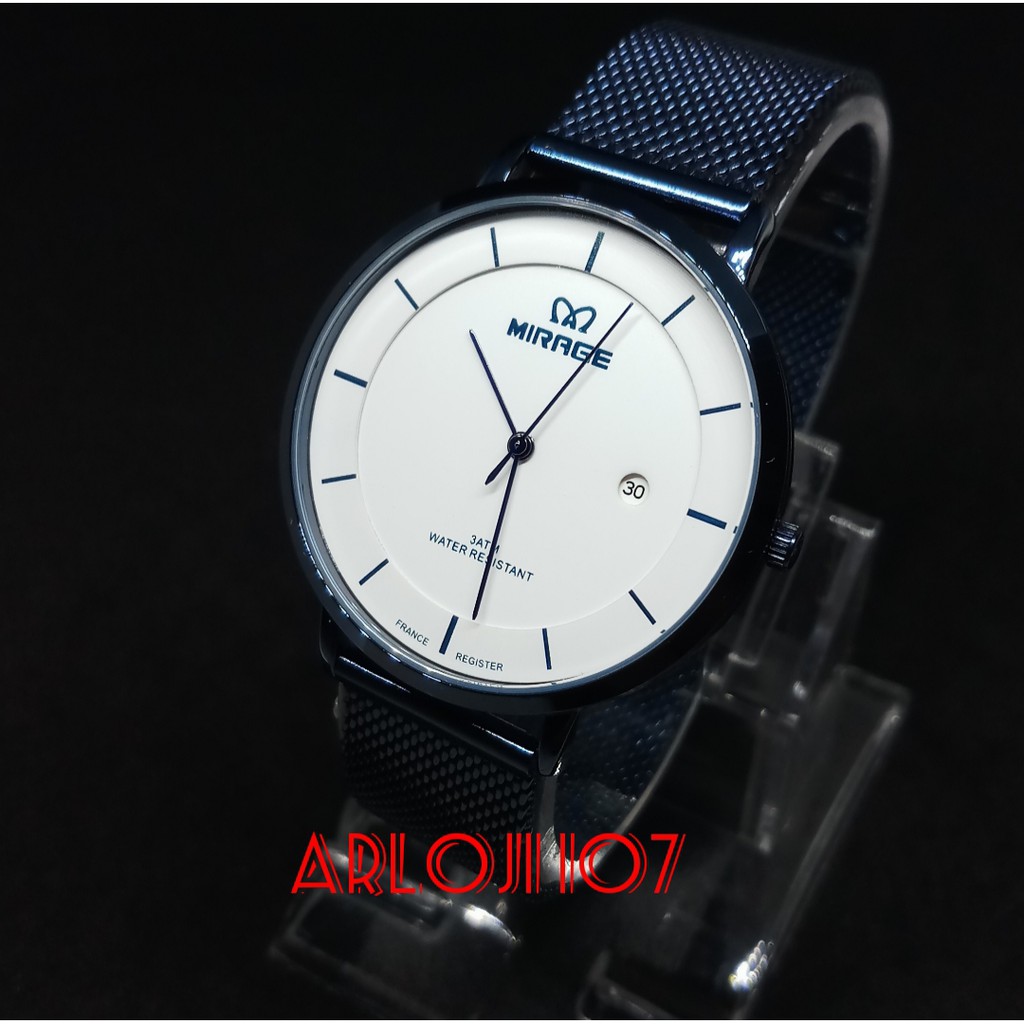 JAM TANGAN MIRAGE PRIA ELEGANT RANTAI PASIR MA 8677 BRP-M BLUE NAVY WHITE ORIGINAL