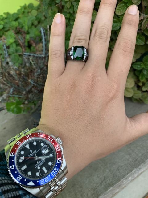 Cincin Casual Pria Akik Zamrud Hijau Emerald Green Ring Hitam 18 K Gold Filled dan Perak