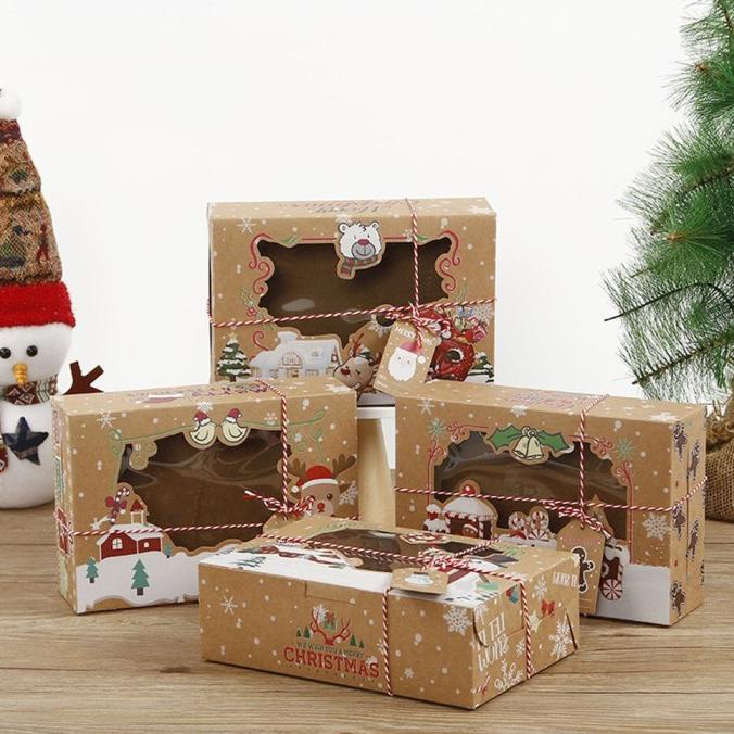 

SUER 4/12 PCS PORTABLE CHRISTMAS GIFT BOX KRAFT PAPER COOKIE CANDY BOX DC452CD3