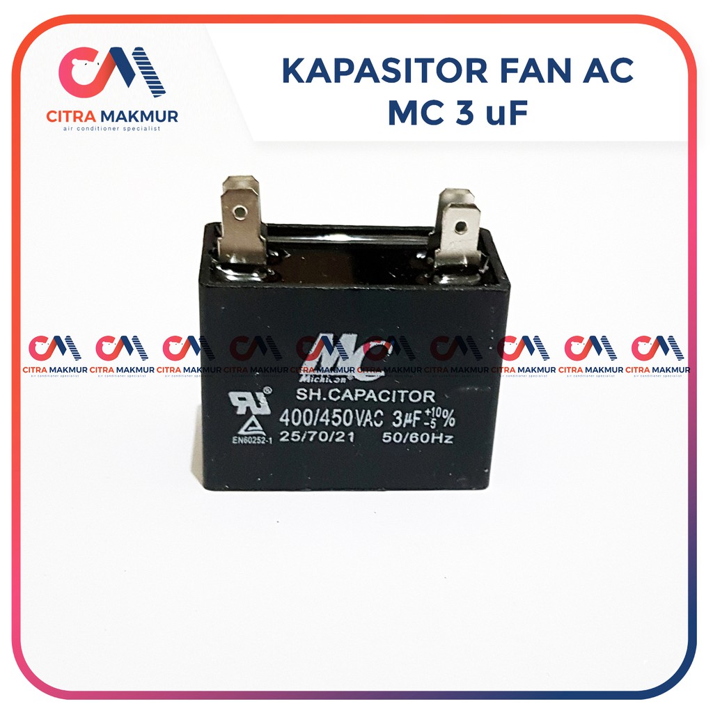 Kapasitor Fan AC 3 uf merk MC Kaki 4 Capasitor mikro Kipas Outdoor Mesin Air conditioner kotak