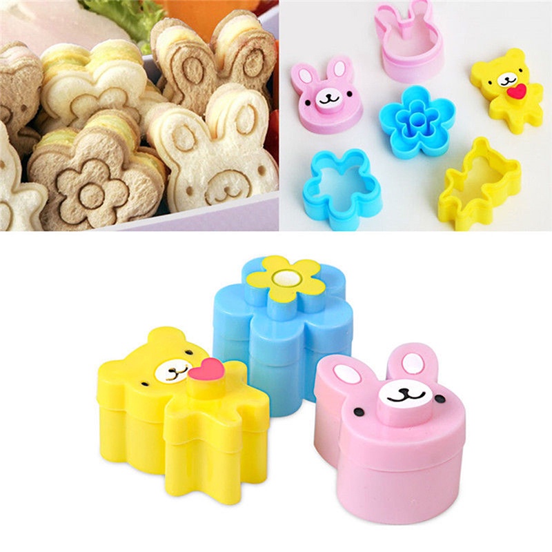 3pcs Cetakan Pemotong Roti Sandwich / Cookie / Bento Bentuk Kelinci / Panda / Bunga