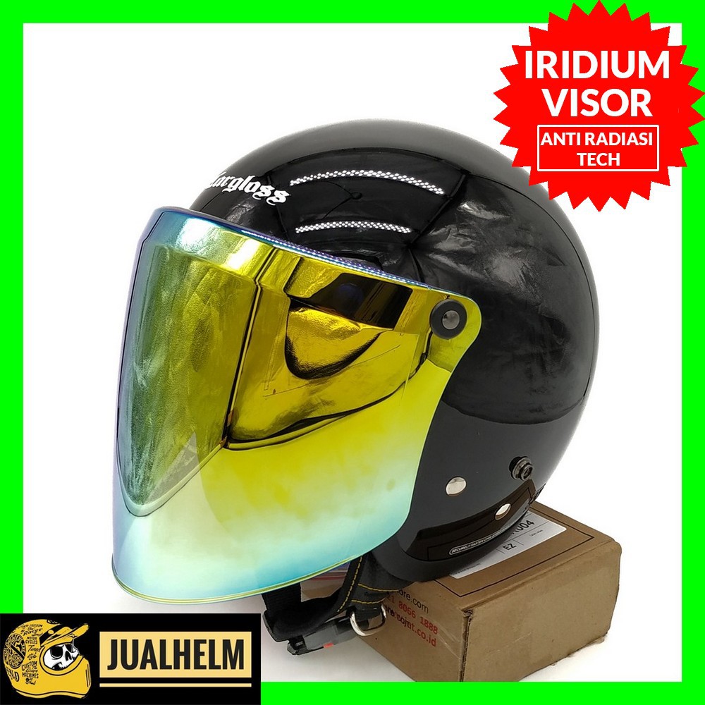 Helm Cargloss Retro Black Glossy + Kaca Snail Iridium Gold