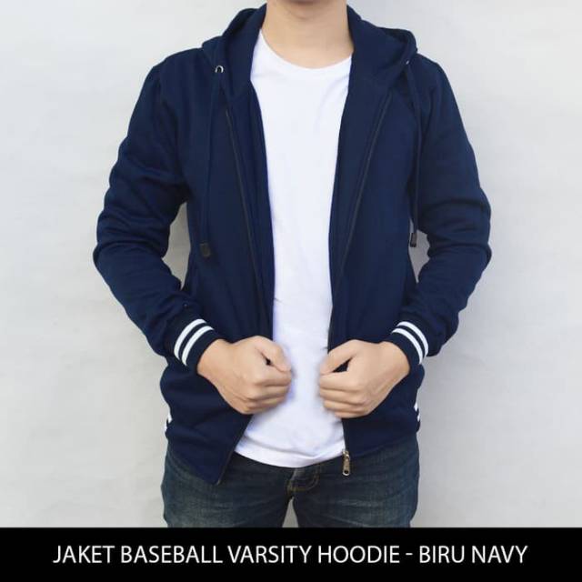 Jaket Polos Baseball Varsity Hoodie - Biru Navy & Hitam
