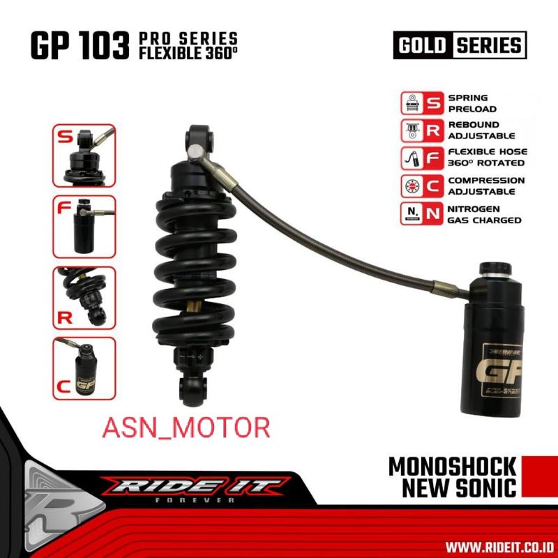 Monoshock tabung pisah Fleksibel Sonic 150, Supra GTR Ride it GP 103 Gold Series As Black