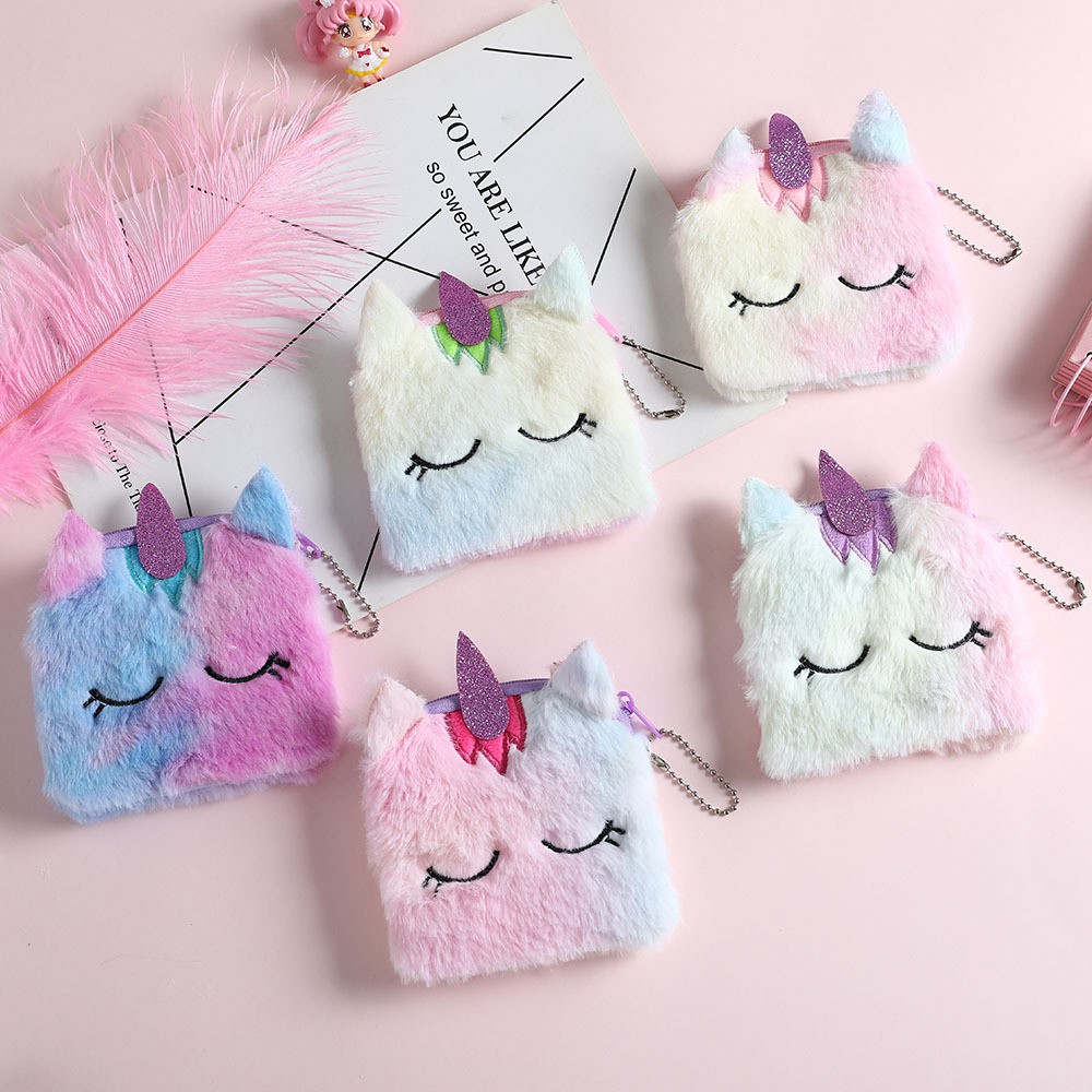 Dompet Koin kartu kunci unicorn Bulu Fluffy TU017 Coin Bag anak perempuan