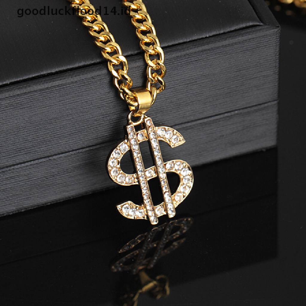 [OOID]  Gold Plated Crystal Dollar Sign Pendant Necklace Gangster Pimp Hip Hop Chain ID